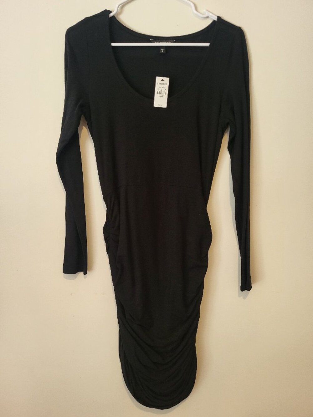 Express Body Con black ruched dress. Above the knee length, size M, NWT.